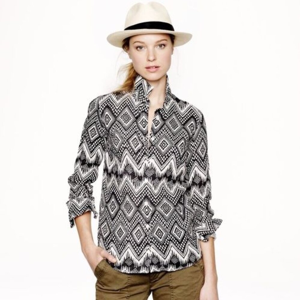J Crew Boy Shirt Black White Linen Aztec Southwest Boho Long Sleeve Women's 12